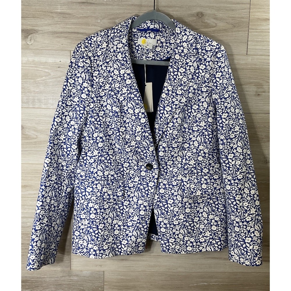 NEW Boden Womens US 12R UK 16R Floral Cotton Blazer Jacket Floral Blue Tailored